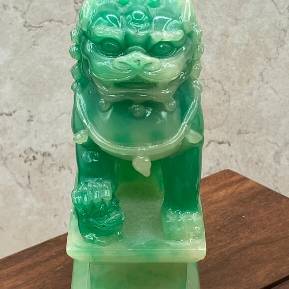 Jade Colored Resin Chinese Foo dog Figurine Pair Asian Decor - Picture 5 of 10